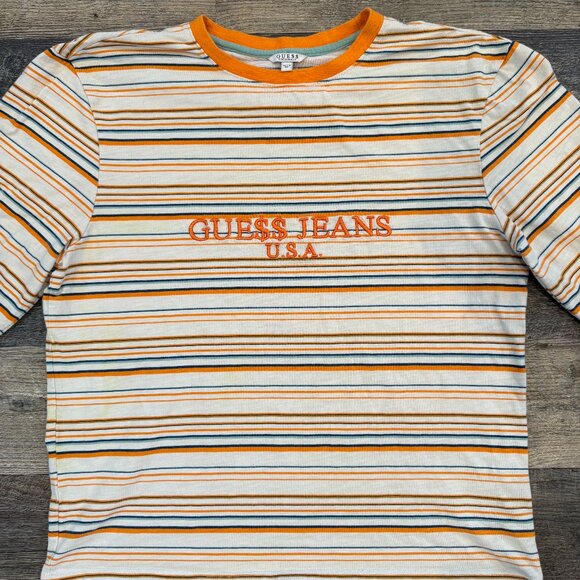 Guess Jeans x ASAP Rocky Striped Long Sleeve T Men's Medium 2018 White/Orange - Picture 1 of 3